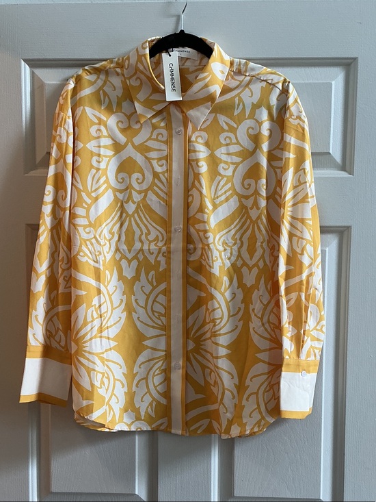 Commense Tops - Commense Yellow and White Printed Button-Up Blouse